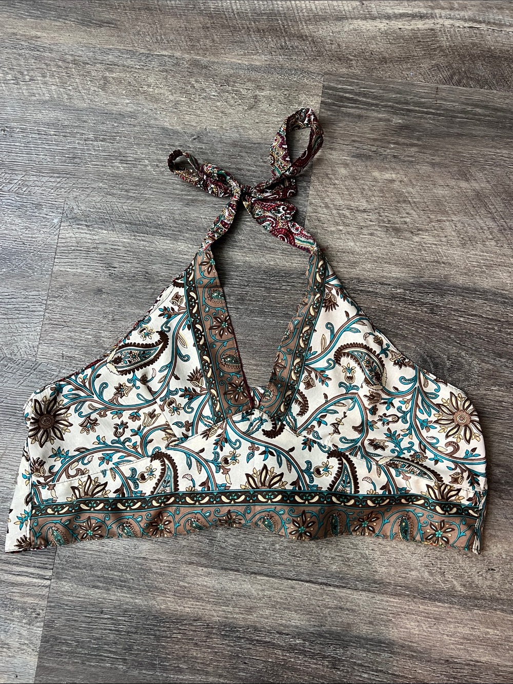 Boho Paisley Silk Blend Halter Crop Top M 🔹